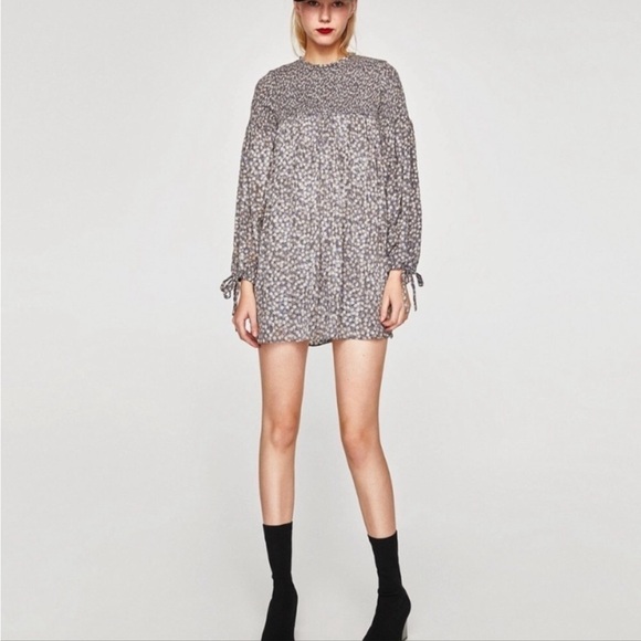 NEW Zara Mini Floral Smocked Romper Long Sleeve XS Built-in Shorts Mini Dress - Picture 1 of 16